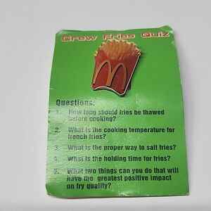 Vintage Funny McDonalds Crew Fries Quiz Pin Brooch w/ Card Original